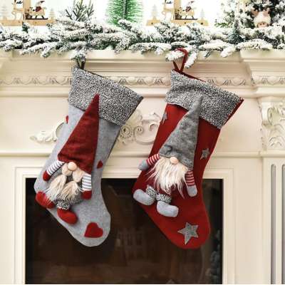 Custom santa stocking novelty decoration felt red and gray christmas socks